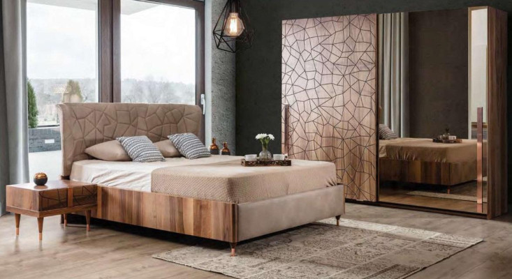 Modern Bedroom Set Bed + 2x Bedside tables + Wardrobe Luxury Brown