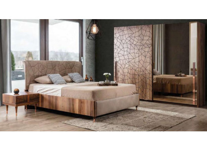 Modern Bedroom Set Bed + 2x Bedside tables + Wardrobe Luxury Brown