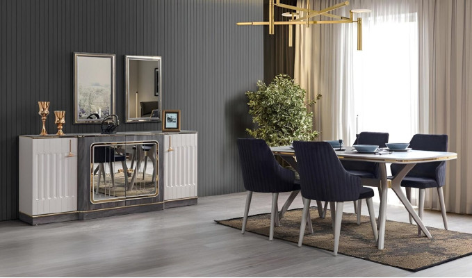 Luxury Dining room Set Dining table + 6x Chairs + Sideboard with 2x Mirror new Set