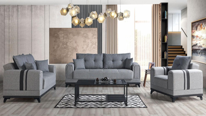 Gray Sofa set 3+2+1 Seater Textile Wood Sofa Armchair Complete Set