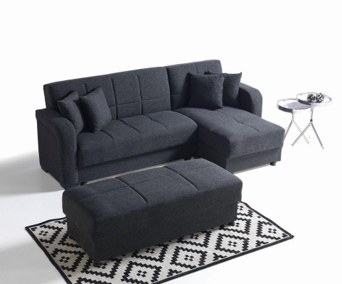 Corner sofa L-shape Stool Black Complete Living room Set 2pcs. Luxury Furniture