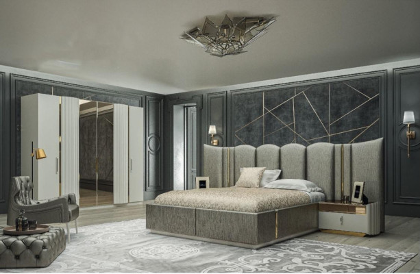 Bedroom Set Bed 2x Bedside tables Wardrobe 4-piece Design Modern