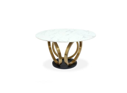 Stylish white round dining table with stainless steel base marble top design