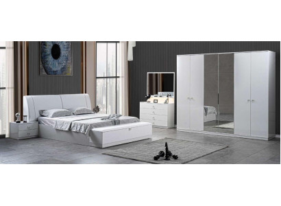 Bed 2x Bedside tables Bedroom White 5 pcs. Designer Luxury Furniture Wood