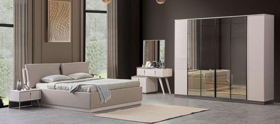 Bedroom Luxury Beds 2x Bedside tables 5-piece Wardrobe Wood Beige
