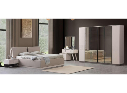 Bedroom Luxury Beds 2x Bedside tables 5-piece Wardrobe Wood Beige