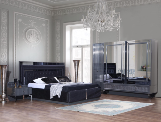 Black Bedroom Set Luxury Suite Bed 2x Bedside tables Wardrobe