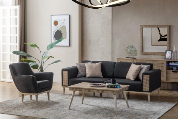 Gray Living room Set Luxury Three Seater Upholstery Armchair Style Textile Furniture