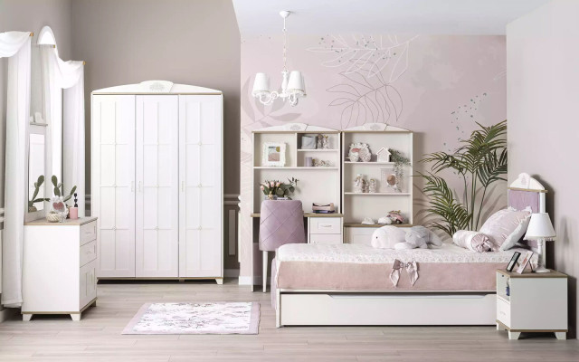 Complete youth bed children's furniture children's room bed wood pink set 8 pieces