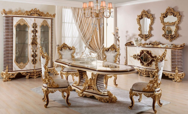 Golden Classic Dining room Suite Dining table 6x Chairs Chest of drawers Mirror