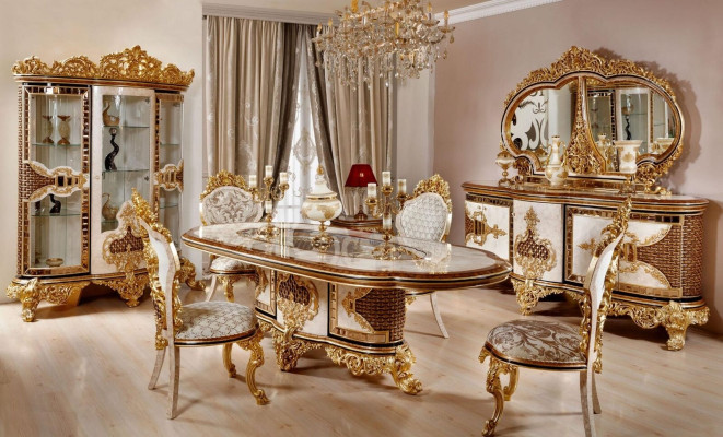 Luxurious Dining room Set White -Gold Dining table 4x Chairs Chest of drawers 6tlg Furniture