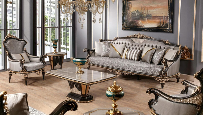 Chesterfield Sofa set 3+1 Seater Coffee table Sofa set 3pcs Gray