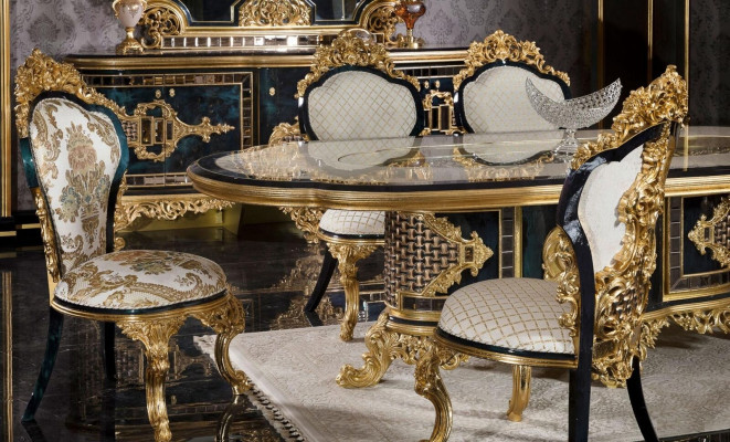 Stylish Black & Gold Dining room Set Luxury Suite Chest of drawers Dining table