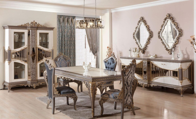 White -Taupe Dining room Suite Dining table Dining room Chairs Chest of drawers Mirror