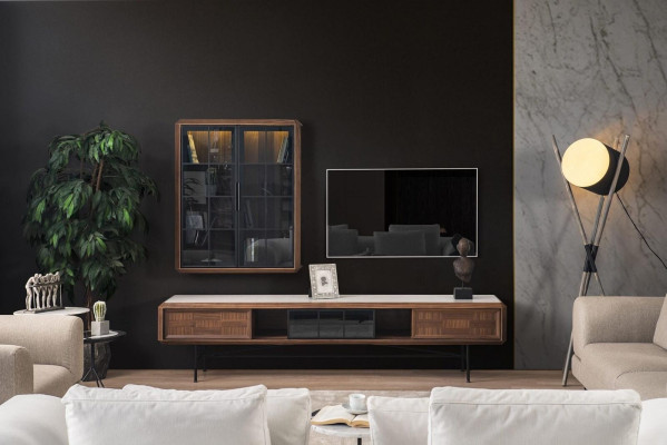 Group TV-cabinet Lowboard TV Stand Sideboard Wardrobe 2-piece Wood Brown Shelf