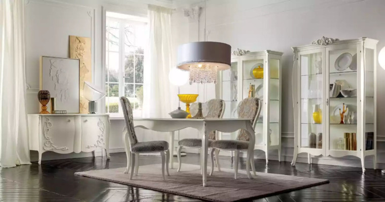 Luxury Dining room Set Suite 7pcs White Wood Furniture Display case 4x Chairs Table