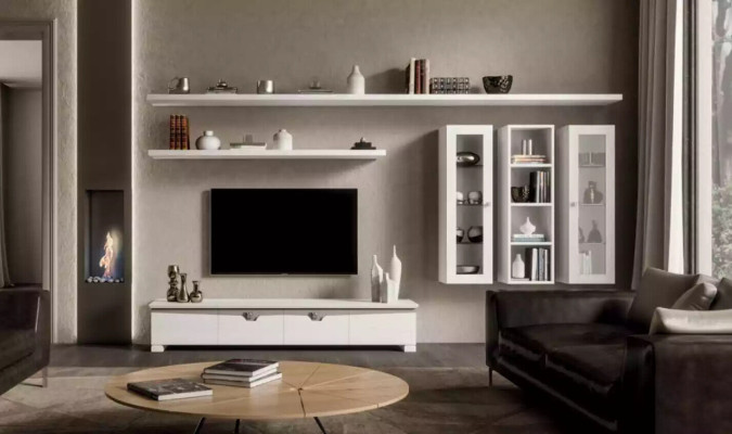 Living room Lowboard Wall unit Wood Wardrobe Design White Modern Set 6pcs.
