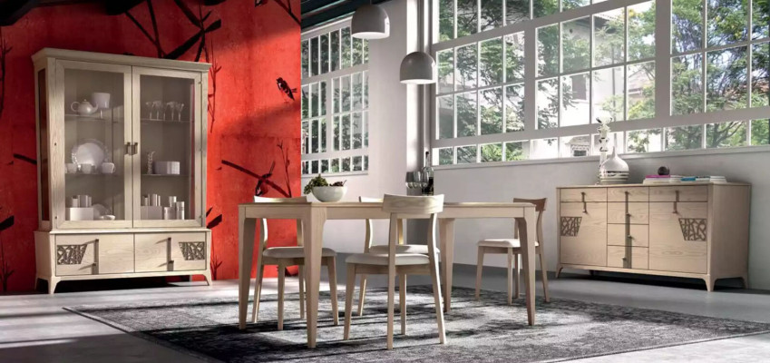 Suite Set Table 4x Chairs Beige Display case Set Dining set 7pcs. Dining room