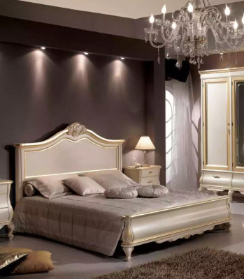Wooden double bed luxury design bedroom furniture classic beige