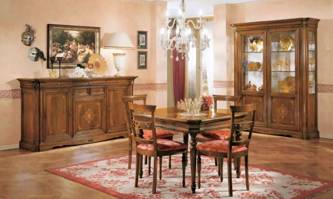 Dining table 4x Chairs Dining room Suite 7 pcs. Set Table Chair Display case Wood