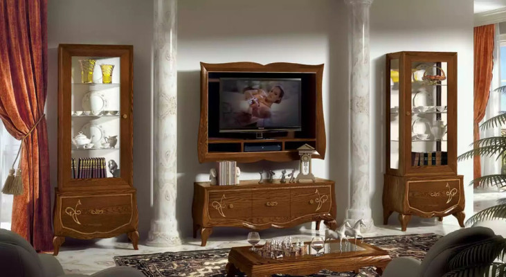 Wall unit TV-cabinet Lowboard TV-Frame 2x Display case Brown Living room Set 4 pieces