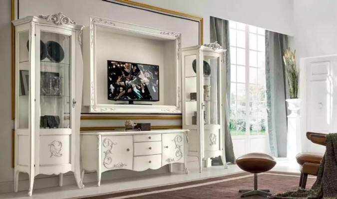 Classic style white wall unit lowboard 2x display case TV frame group new