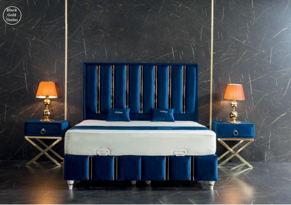 SaphirBlue's designer bed with bedside tables on gold-plated steel legs