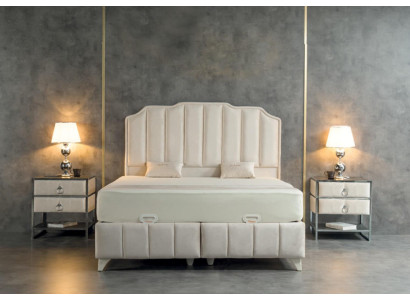 Bedroom Set Beige Metal Bed Luxury 2x Bedside tables Elegant 3-piece
