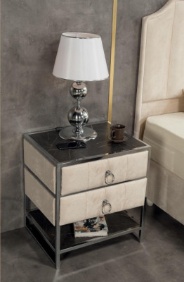 Bedroom Set Beige Metal Bed Luxury 2x Bedside tables Elegant 3-piece