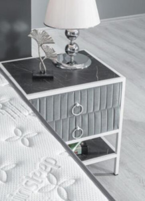 Bedroom Set Gray Metal Bed Boxspring Design 2x Bedside tables new 3pcs.