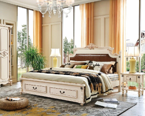 Elegant double bed with pull-out drawers and two bedside tables