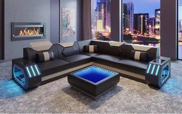Corner sofa Leather upholstery Design Living room Corner sofa Couch Sofa L-shape Living landscape