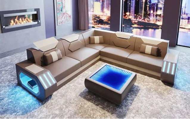 Corner sofa Leather upholstery Design Living room Corner sofa Couch Sofa L-shape Living landscape