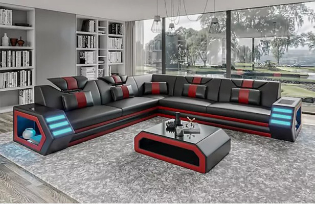 Design Living room Corner sofa Corner sofa Furniture Leather upholstery Couch Sofa L-shape + Table