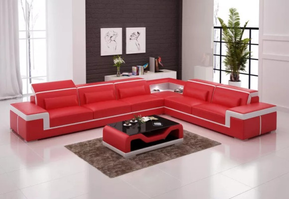 Design Living room Corner sofa Furniture Corner sofa Leather upholstery Couch Sofa L-shape + Table