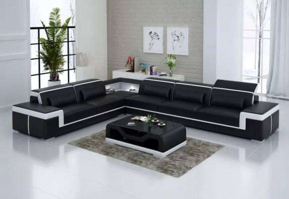 Design Living room Corner sofa Furniture Corner sofa Leather upholstery Couch Sofa L-shape + Table
