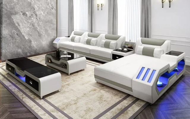 Leather sofa Led Illuminated Designer Corner sofa Upholstery Corner suite Sofa 2pcs