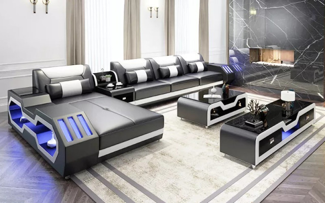 Leather sofa Led Illuminated Designer Corner sofa Upholstery Corner suite Sofa 2pcs