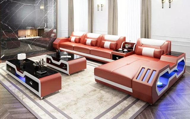 Leather sofa Led Illuminated Designer Corner sofa Upholstery Corner suite Sofa 2pcs
