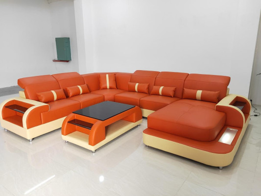 Living landscape U-shape leather sofa Upholstery Corner sofa Sofa Couch Leather Textile usb new