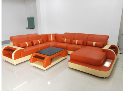 Living landscape U-shape leather sofa Upholstery Corner sofa Sofa Couch Leather Textile usb new
