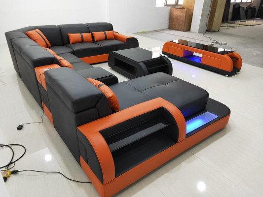 Living landscape U-shape leather sofa Upholstery Corner sofa Sofa Couch Leather Textile usb new