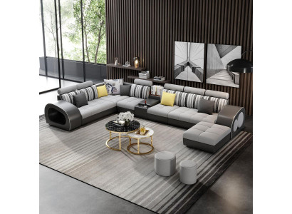 Leather sofa sofa with USB couch designer sofa U-shape corner suite upholstered corner Big new