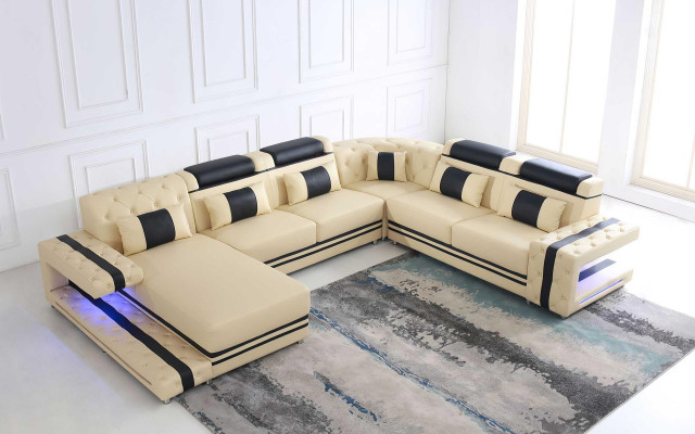 Leather Upholstery Seat Design Modern Corner Suite Sofa Living landscape U-shape USB LED
