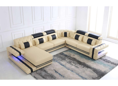Leather Upholstery Seat Design Modern Corner Suite Sofa Living landscape U-shape USB LED