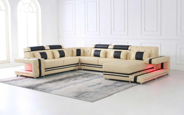 Leather Upholstery Seat Design Modern Corner Suite Sofa Living landscape U-shape USB LED