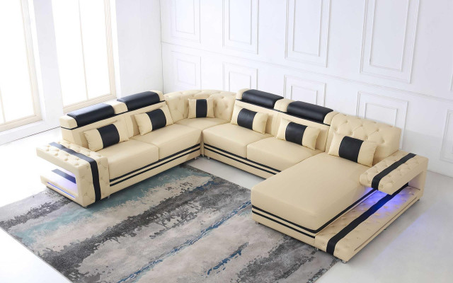Leather Upholstery Seat Design Modern Corner Suite Sofa Living landscape U-shape USB LED