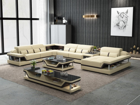 Corner sofa beige with coffee table 2 pieces. Living room leather sofa set corner suite table