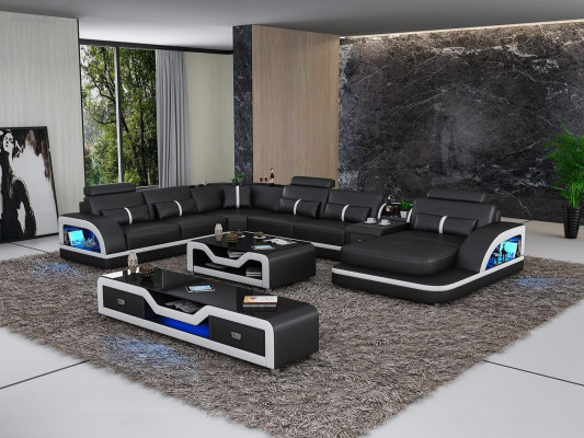 Corner sofa Black with Coffee table 2 pieces. Living room leather sofa set corner suite table