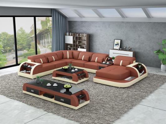 Suite Design Living landscape Corner sofa Sofa Couch U-shape Table Leather 2-piece. sets